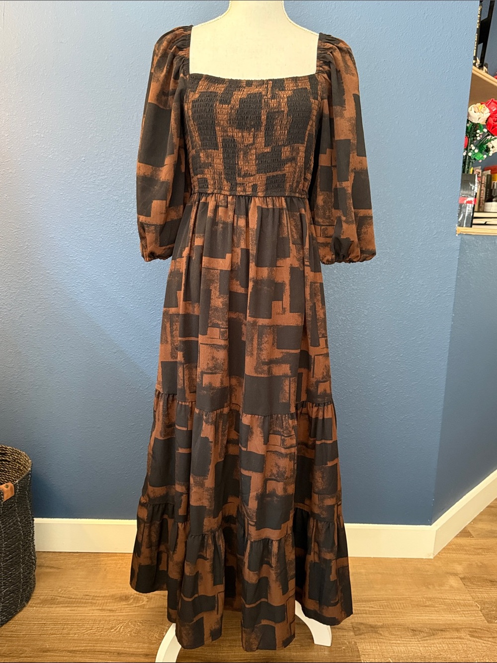 Moon River Brown and Black Smocked Square-Neck Tiered Maxi Dress